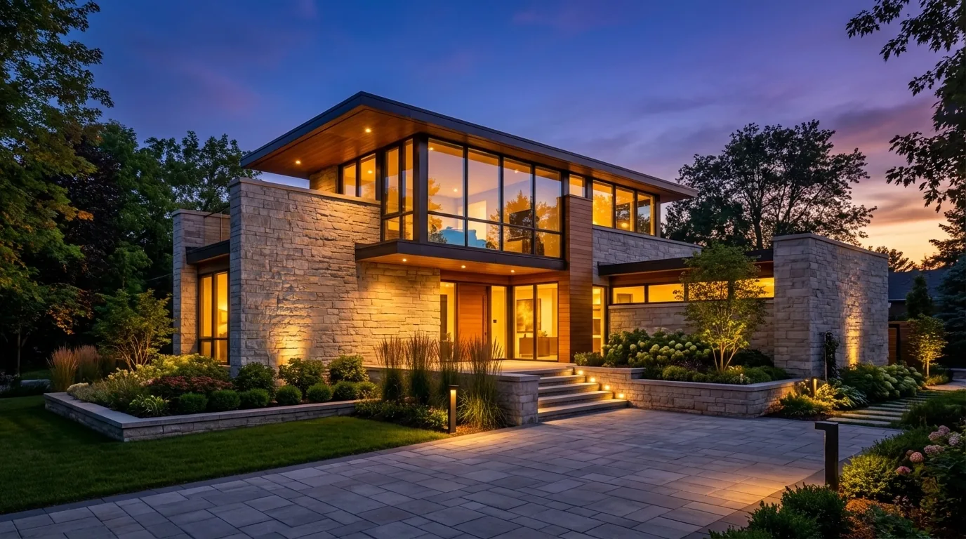 Photorealistic rendering of a Daniel Allen Designs modern custom home in Buckhead, Georgia — stacked-stone walls, floor-to-ceiling glass, cantilevered flat roof, and warm interior light at dusk