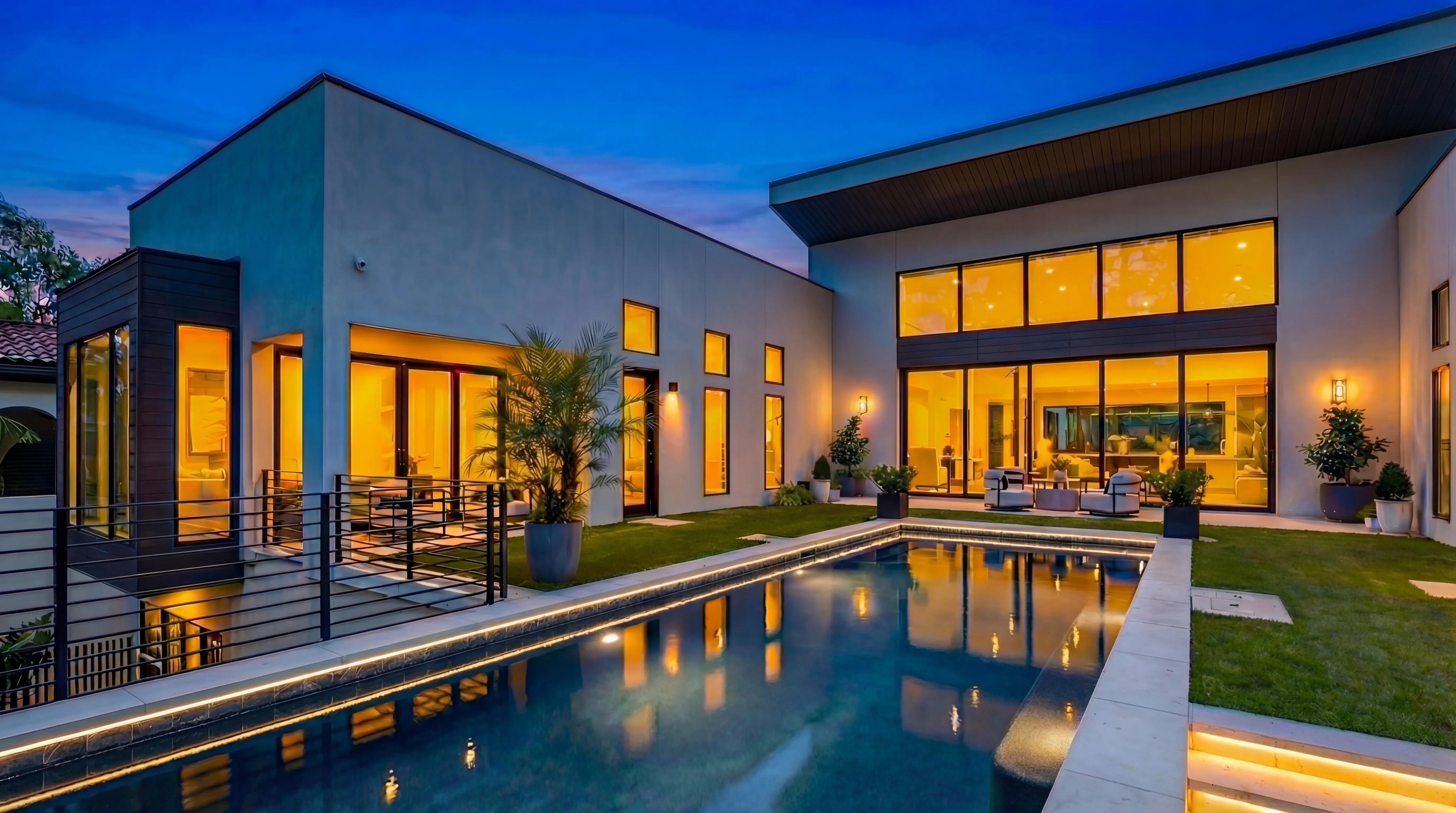 Modern stucco courtyard pool home designed by Daniel Allen Designs in Buckhead, Atlanta, Georgia