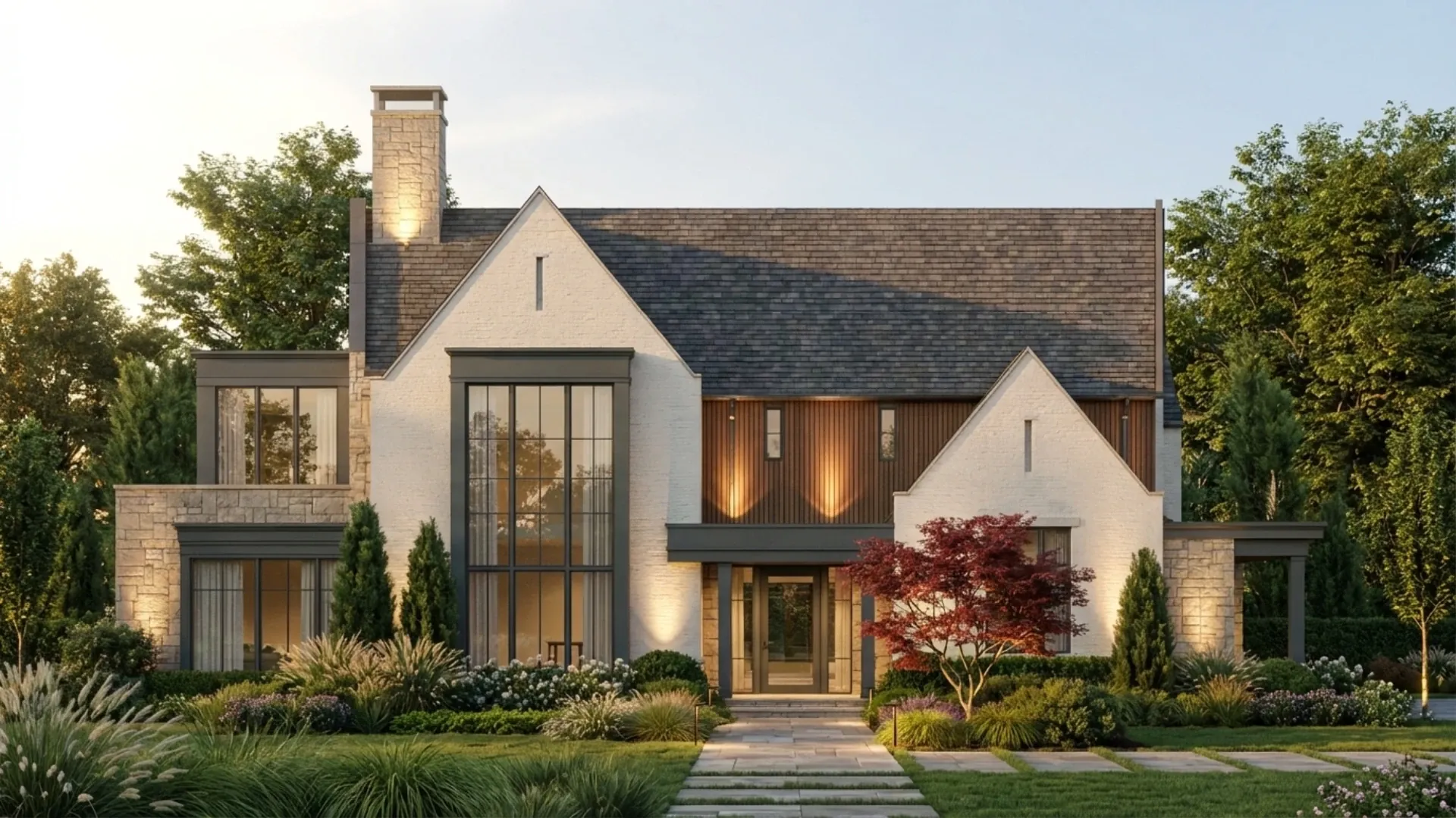 Daniel Allen Designs modern transitional custom home in Brookhaven, Georgia — white brick and natural stone facade with floor-to-ceiling windows and vertical wood siding