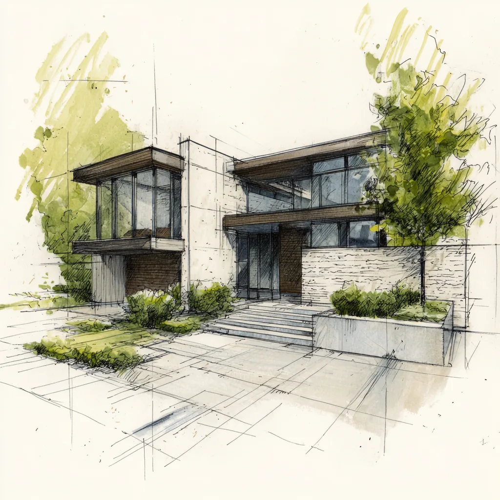 Concept sketch of a Daniel Allen Designs modern custom home in Buckhead, Georgia — stone privacy wall, wood-clad garage wing, and glass-cornered upper volume