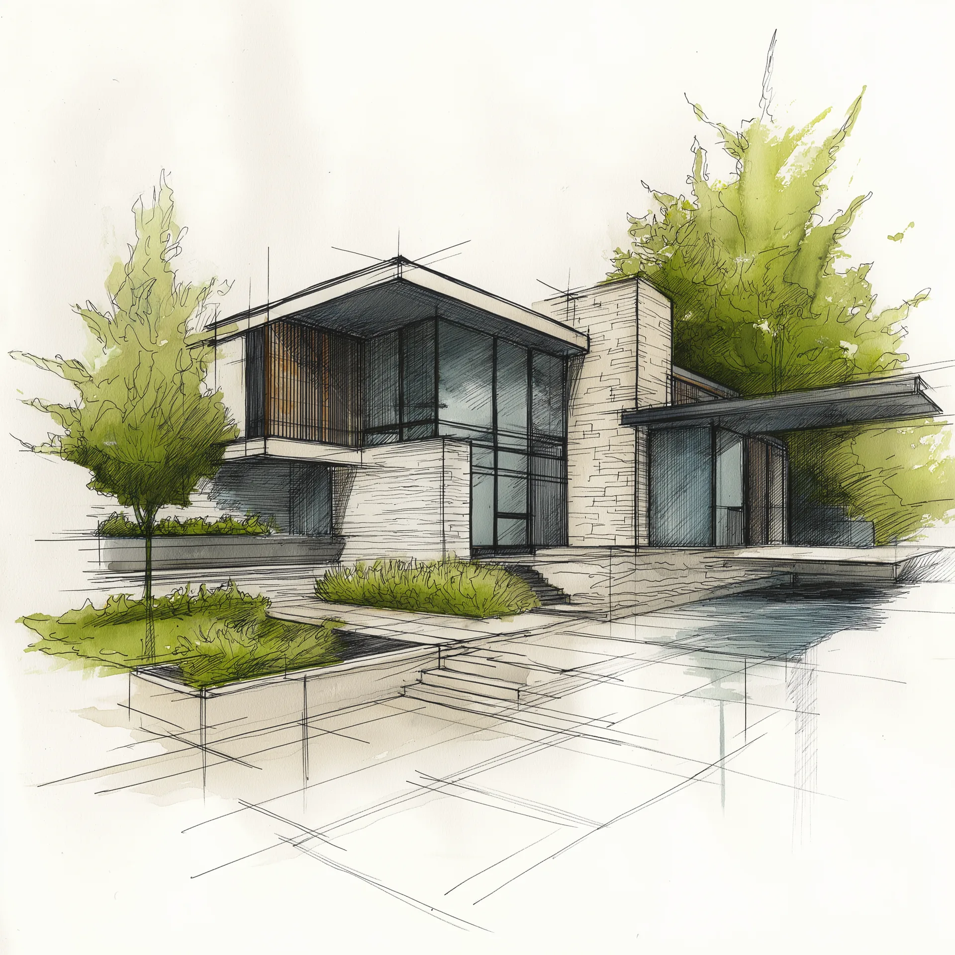 Concept sketch of a Daniel Allen Designs modern custom home in Buckhead, Georgia — vertical wood slat screen, two-story glazing, and floating entry canopy