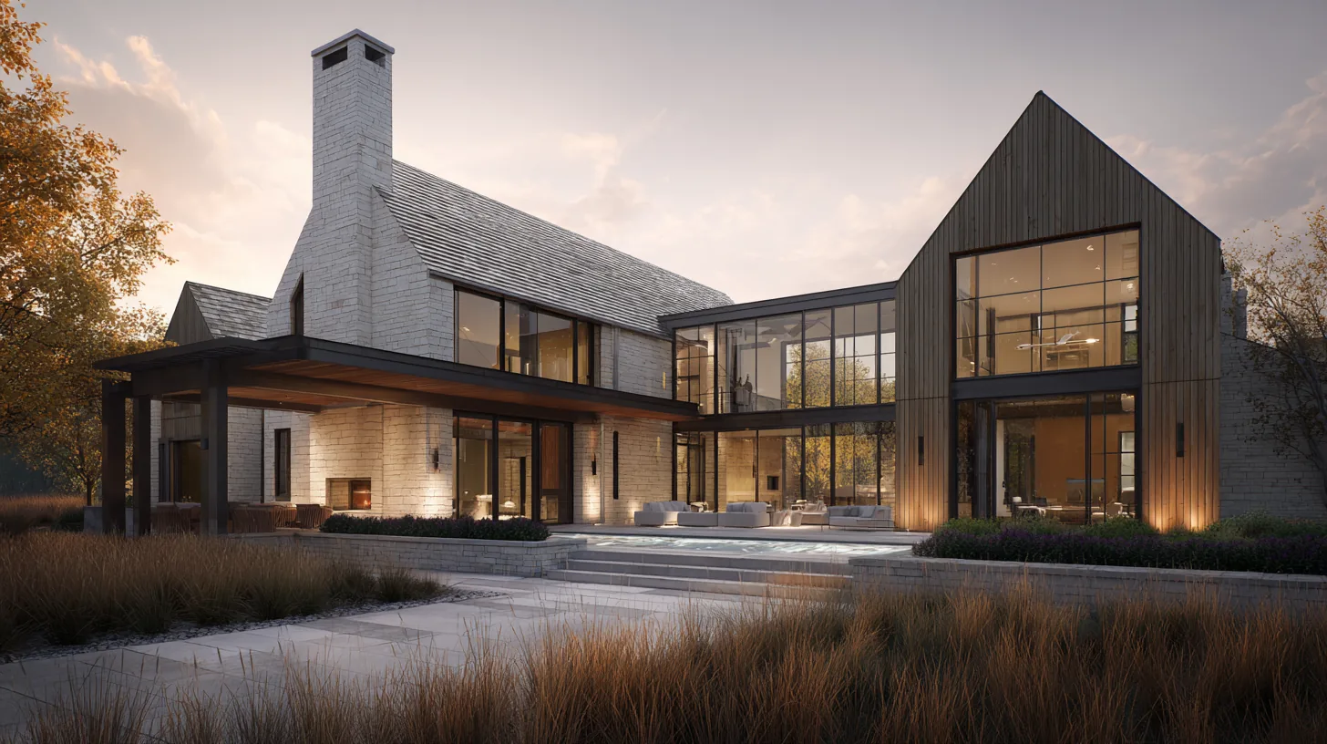 Photorealistic rendering of a Daniel Allen Designs organic modern custom home in Milton, Georgia — timber covered terrace, shingle roof, stone walls, and a raised pool with steps