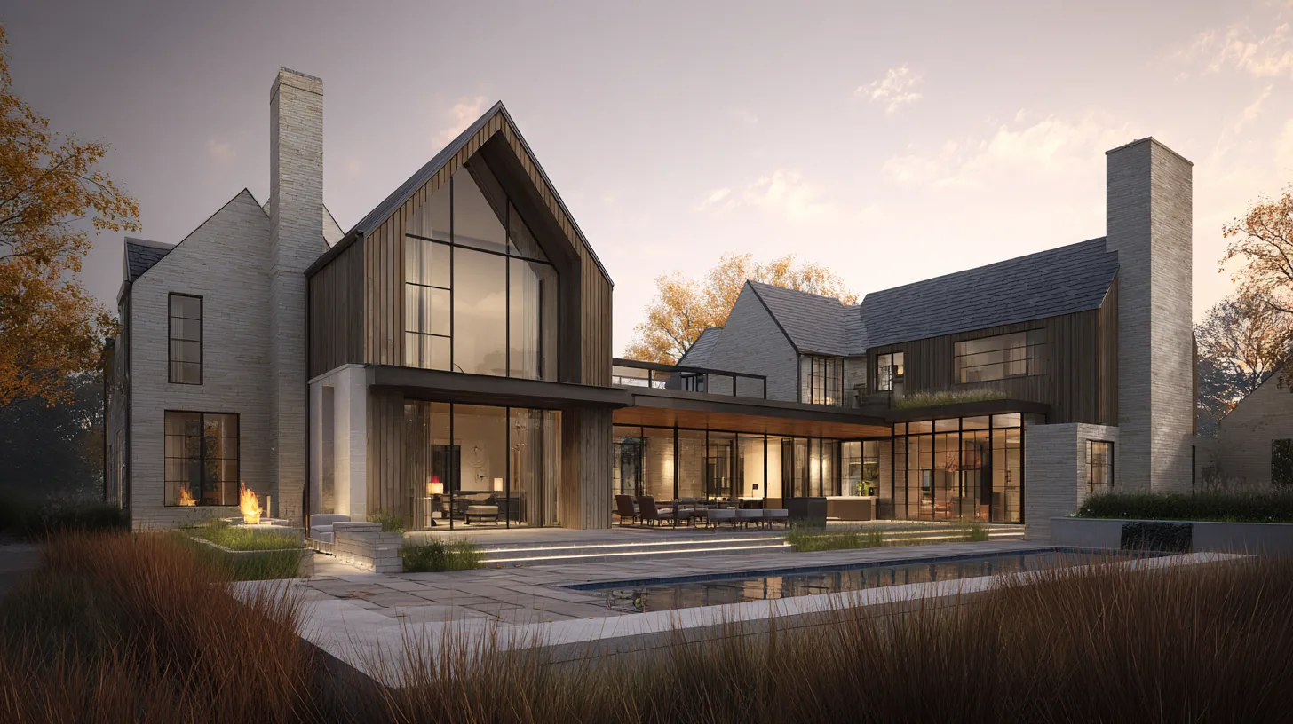 Photorealistic rendering of a Daniel Allen Designs organic modern custom home in Milton, Georgia — glass-filled wood gable, stone chimneys, and a pool terrace with steps at dusk
