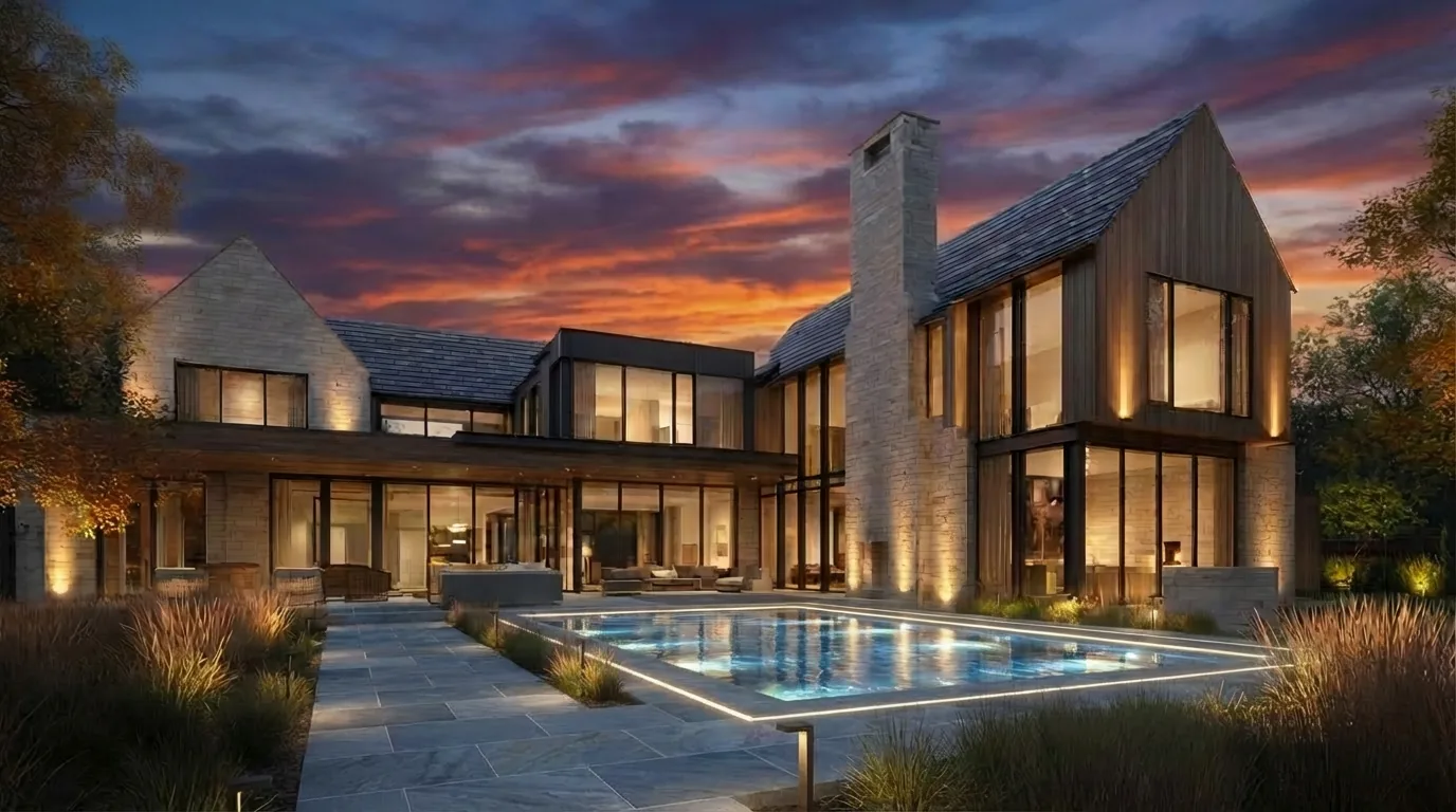 Photorealistic rendering of a Daniel Allen Designs organic modern custom home in Milton, Georgia — lit pool with bluestone pavers, stone chimney, and wood-clad volumes under a sunset sky
