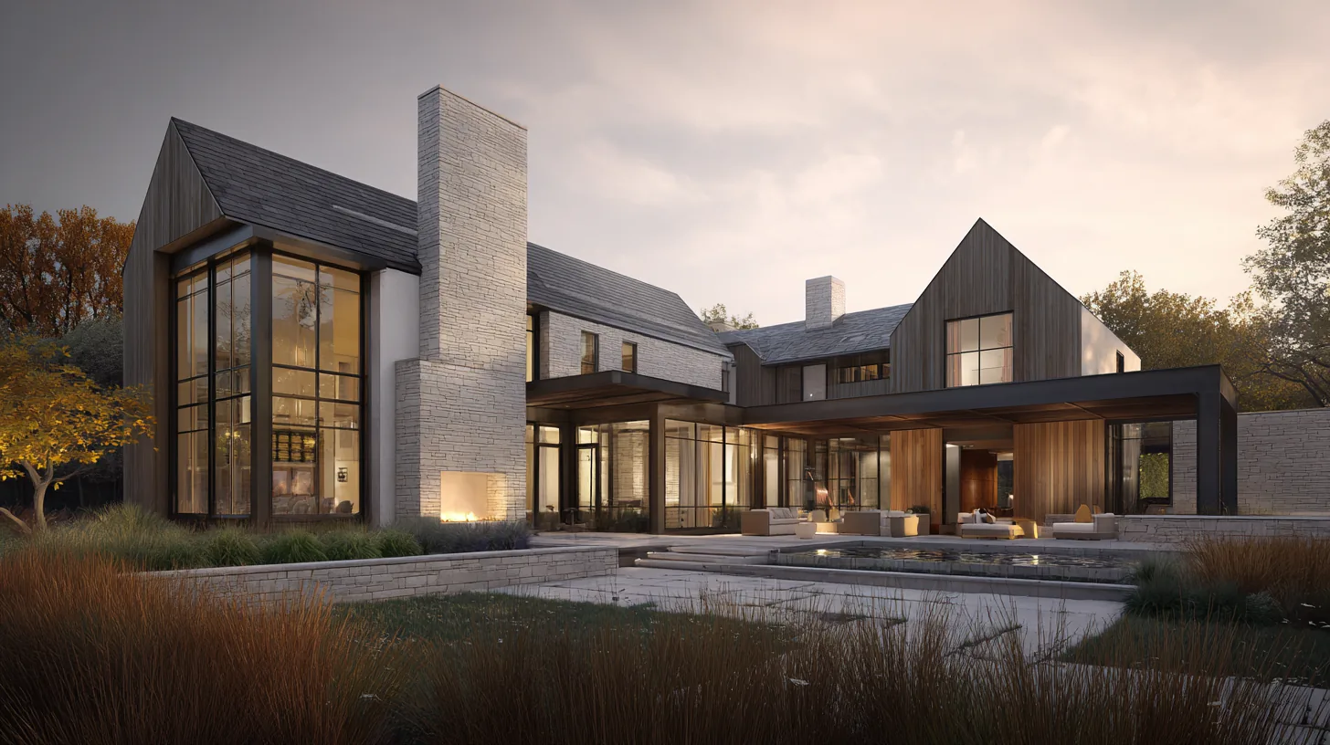 Photorealistic rendering of a Daniel Allen Designs organic modern custom home in Milton, Georgia — dry-stack stone chimney, weathered wood siding, glass walls, and a courtyard terrace at dusk
