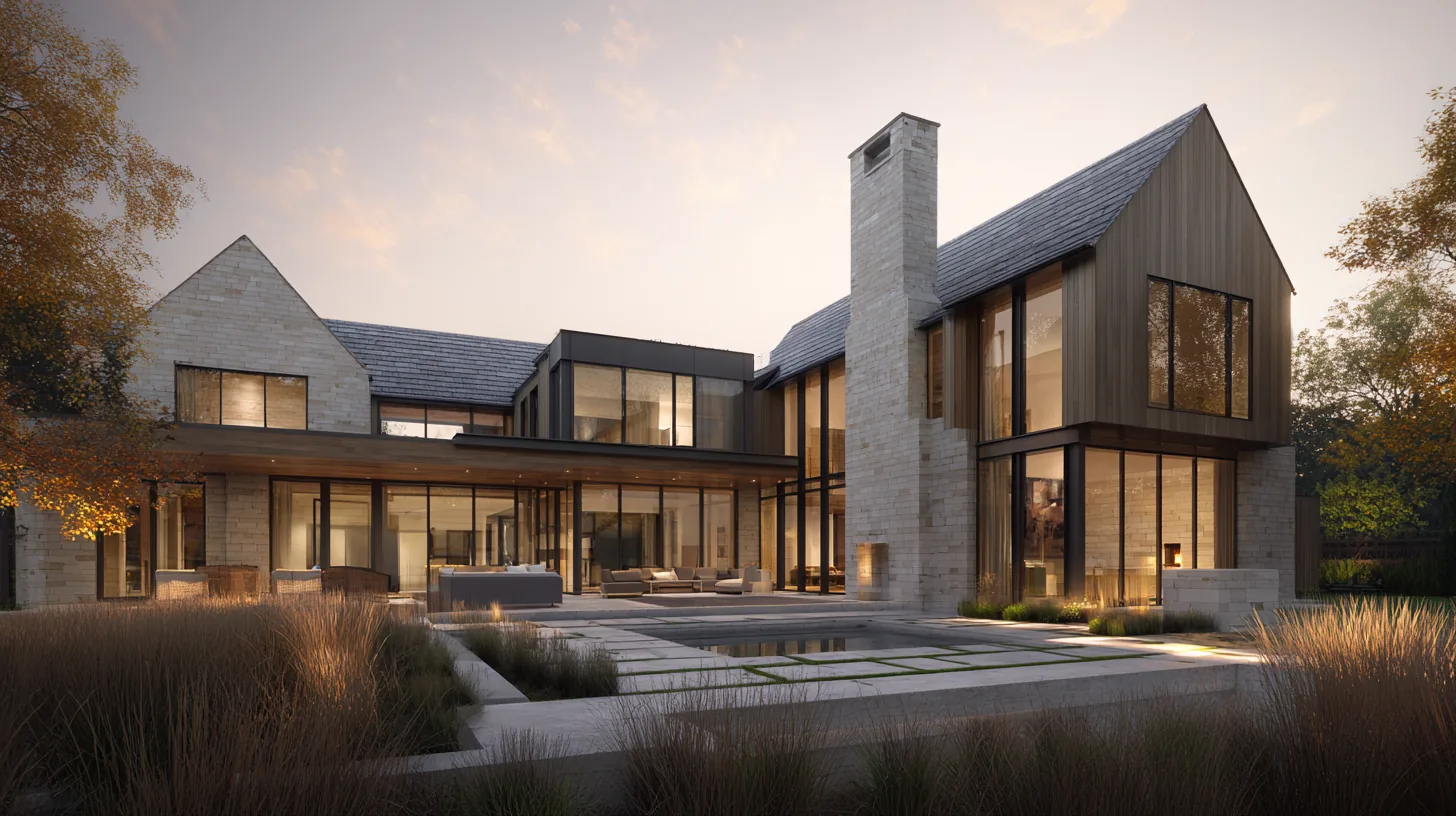 Photorealistic rendering of a Daniel Allen Designs organic modern custom home in Milton, Georgia — stone chimney, wood upper volumes, glass walls, and a reflecting pool in the terrace