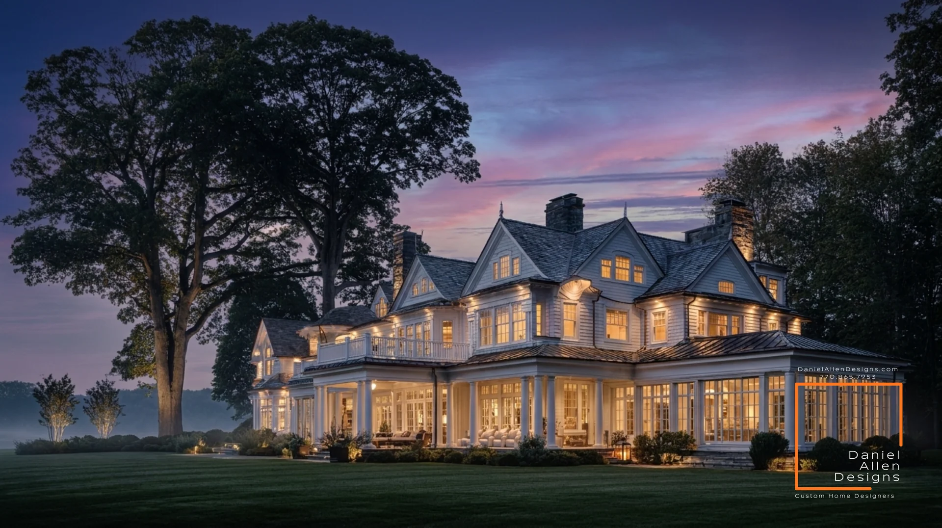 Design concept rendering by Daniel Allen Designs — custom shingle-style luxury estate at dusk with illuminated interiors, multi-gabled white shingle exterior, wraparound porch, twilight sky over Metro Atlanta, Georgia.
