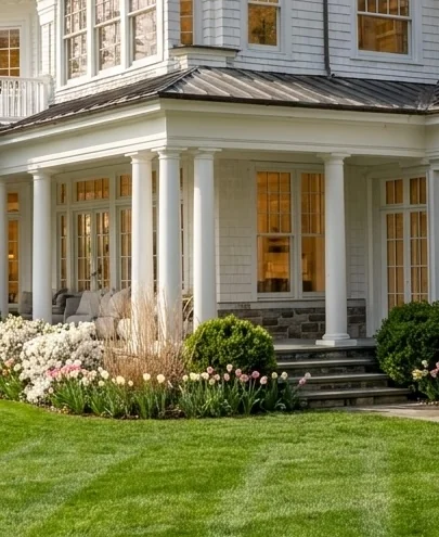 Concept rendering by Daniel Allen Designs — detail of a custom shingle-style luxury estate showing wraparound porch with classical columns, stone foundation base, standing-seam metal porch roof, and multi-pane white windows.