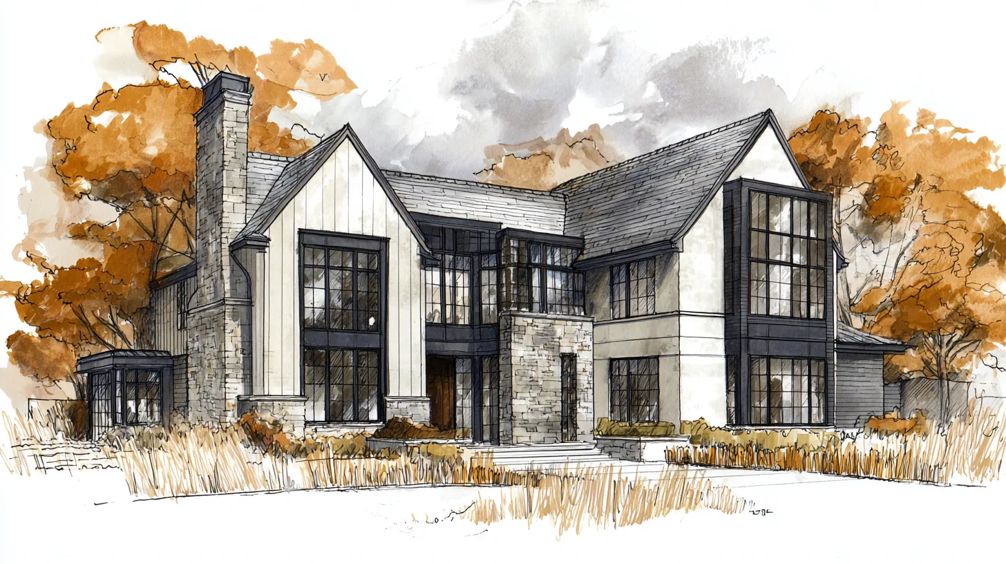 Concept study of a Daniel Allen Designs transitional custom home in Sandy Springs, Georgia — stone chimney masses, vertical wood siding, and black-framed windows among fall trees