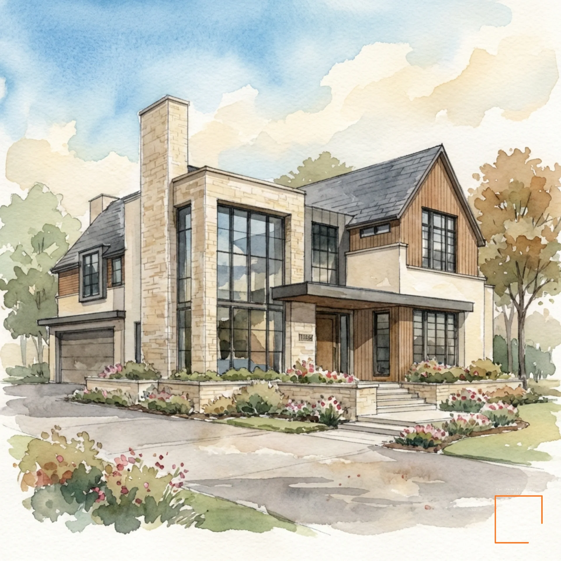 Concept study of a Daniel Allen Designs transitional custom home in Sandy Springs, Georgia — limestone entry tower with two-story glazing, wood garage door, and stone garden walls