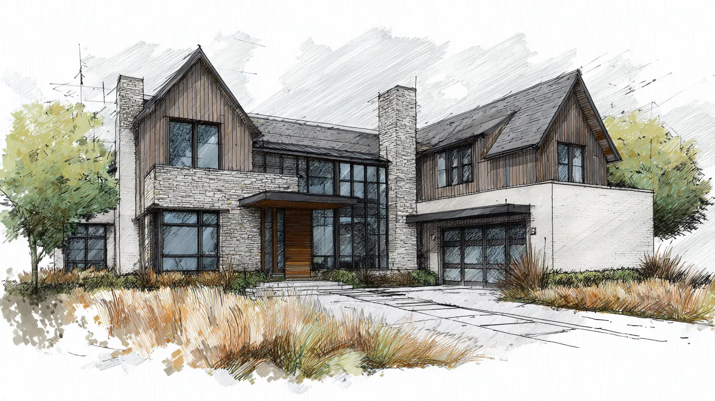 Concept study of a Daniel Allen Designs transitional custom home in Sandy Springs, Georgia — stacked stone, vertical wood siding, and a glazed entry hall between gabled volumes