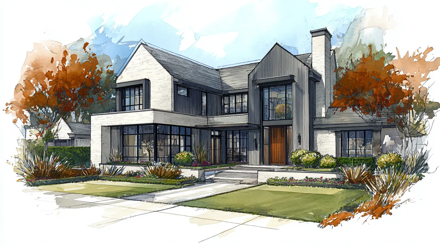 Concept study of a Daniel Allen Designs transitional custom home in Sandy Springs, Georgia — Tudor-inspired gables, limestone base, vertical siding, and a two-story glass entry