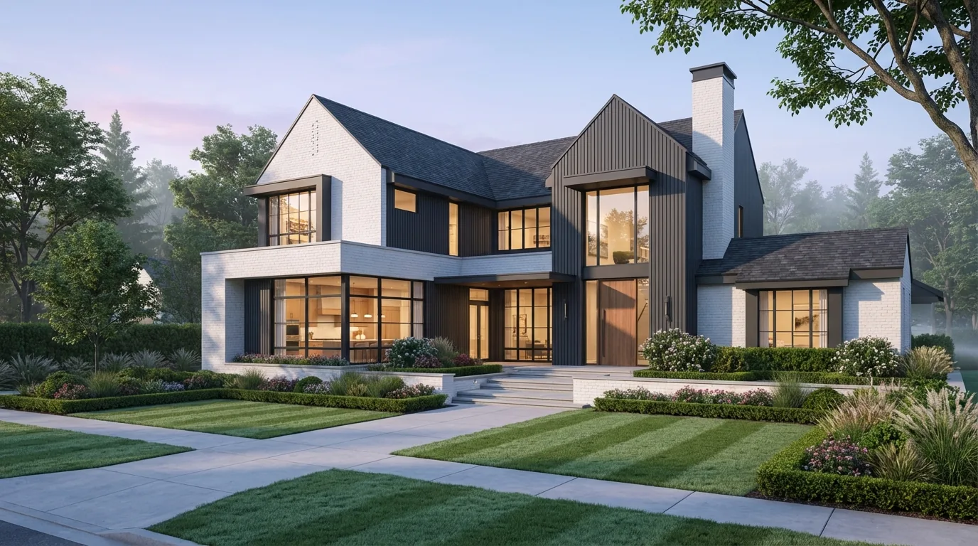 Photorealistic rendering of a Daniel Allen Designs transitional custom home in Sandy Springs, Georgia — white brick and dark vertical siding gables with a wood entry door at dawn