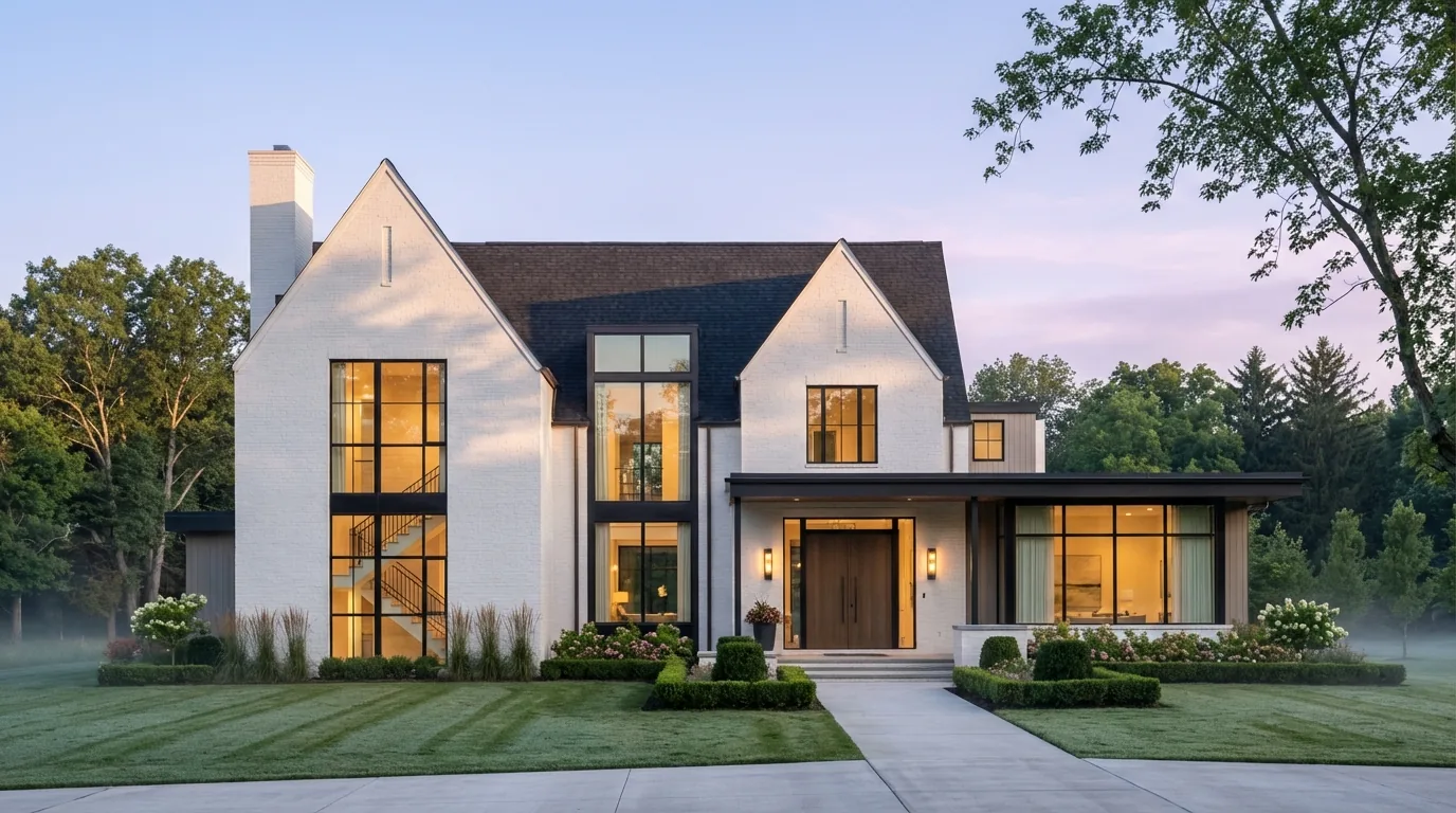 Photorealistic rendering of a Daniel Allen Designs transitional custom home in Sandy Springs, Georgia — white painted brick, steep gables, black steel windows, and a wood double door at dusk