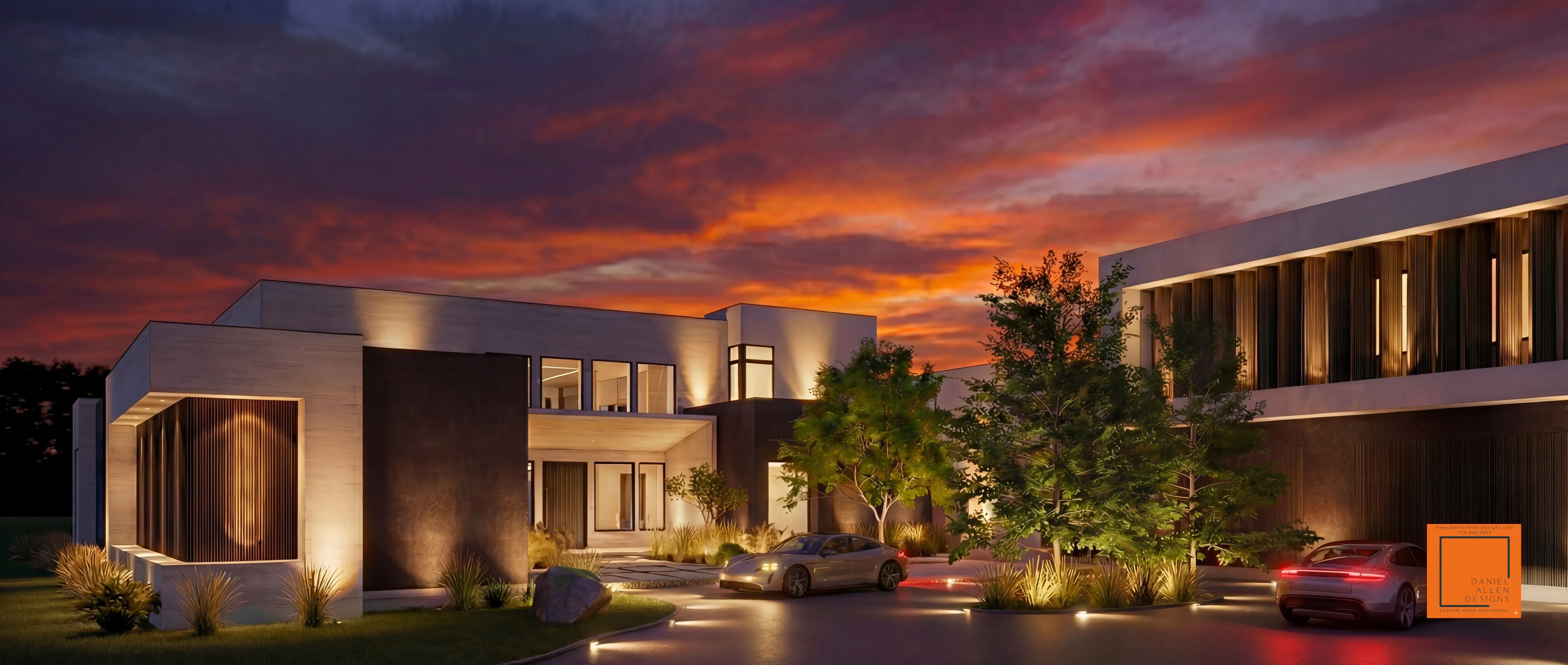 Daniel Allen Designs ultra-modern custom home in Johns Creek, Georgia — stone facade with vertical wood accents and sunset lighting