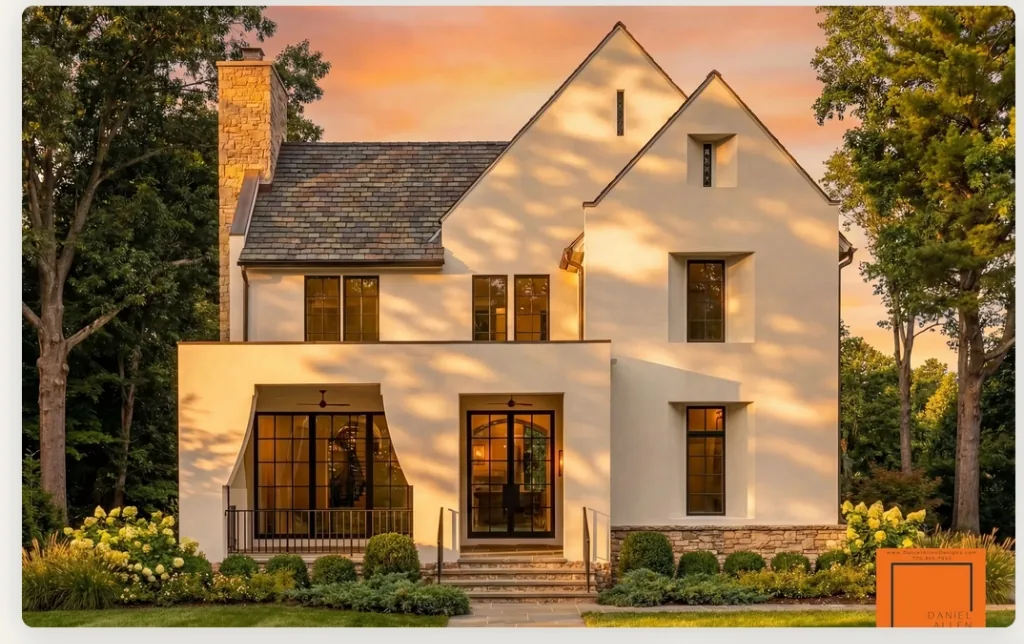 Daniel Allen Designs custom home in Virginia-Highland, Atlanta, Georgia — white stucco facade with natural stone chimney and black steel-frame windows at sunset