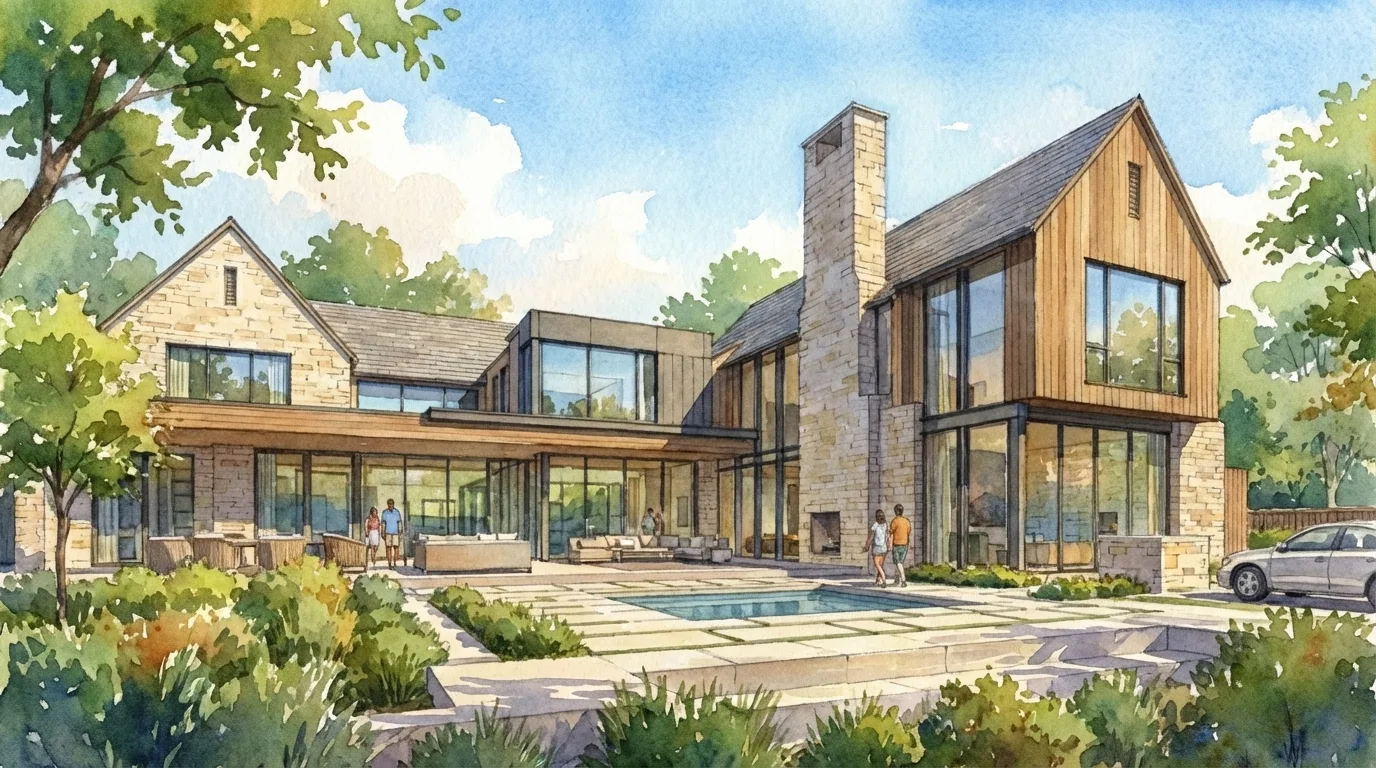 Watercolor rendering of modern home design by Daniel Allen Designs