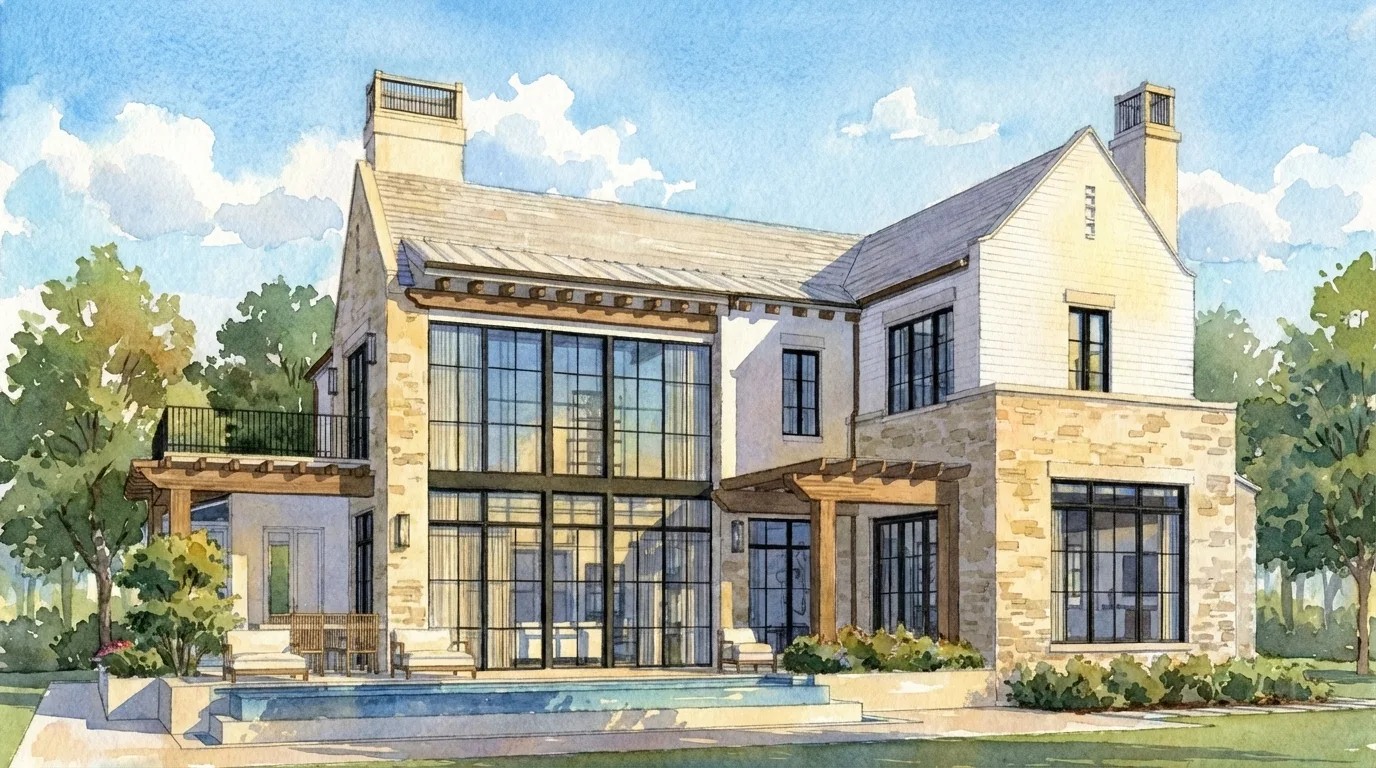 Watercolor rendering of stone manor by Daniel Allen Designs