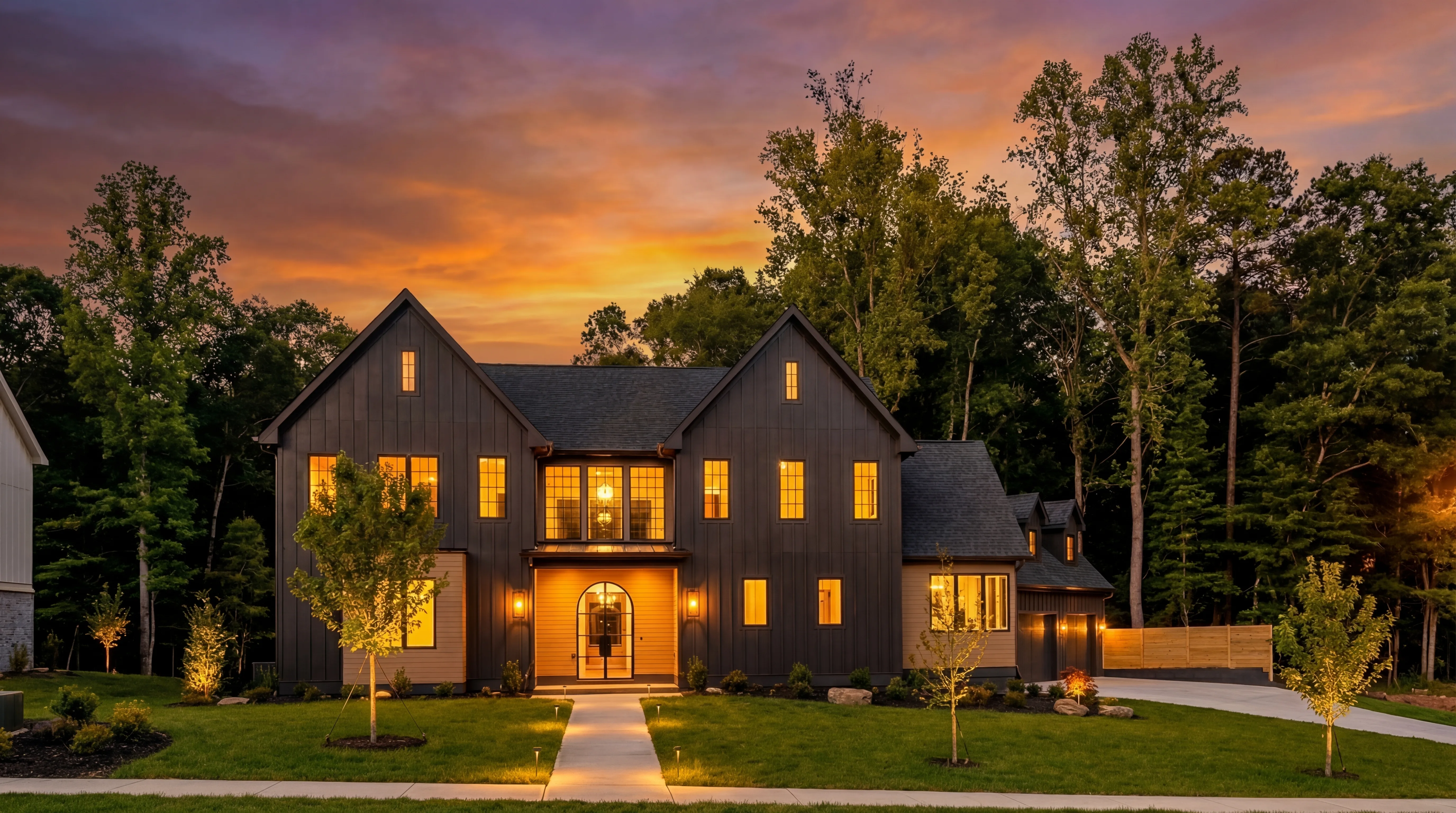 Contemporary farmhouse exterior with warm interior lights and landscaped front yard at sunset