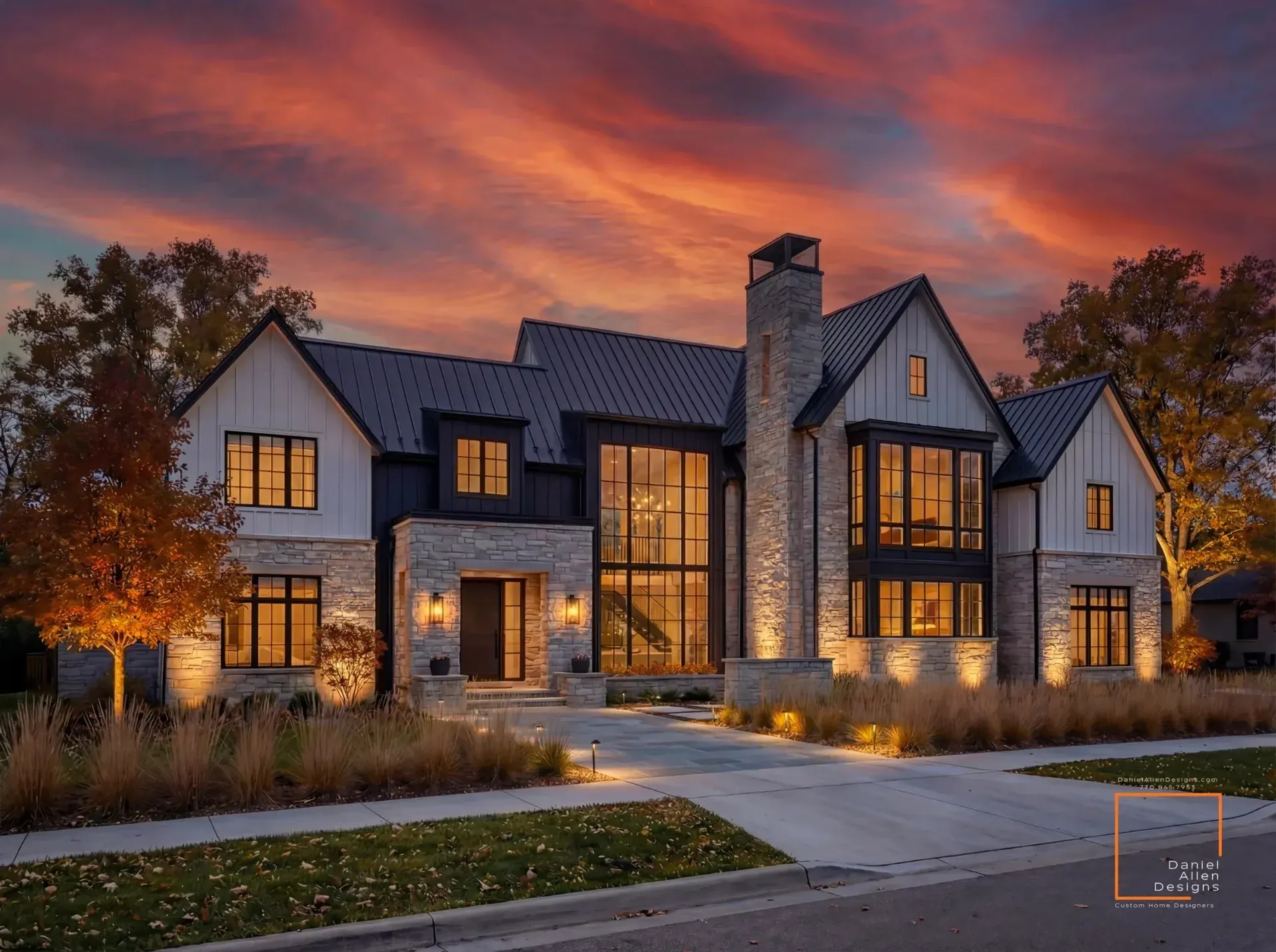 Daniel Allen Designs luxury modern farmhouse custom home in Sandy Springs, Georgia — natural stone facade with standing-seam black metal roof and gabled roofline