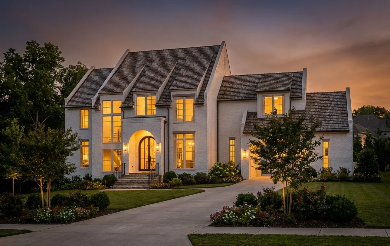 The Brookhaven Plan — Front elevation showing warm buff brick, steep gables, and divided-light windows