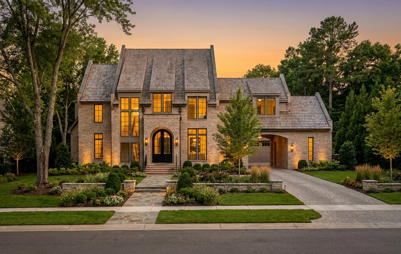 The Brookhaven Plan — Auto courtyard with arched porte cochère and integrated garage wing