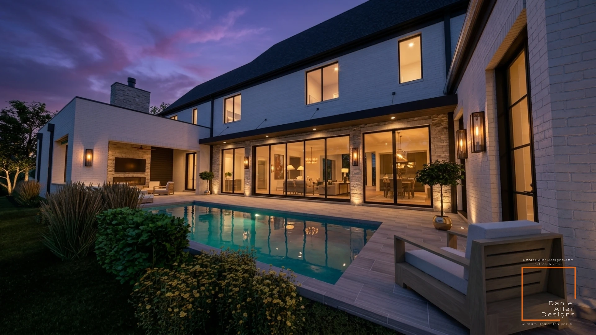 The Buckhead Plan — Pool view at dusk with covered lounge wing and fireplace
