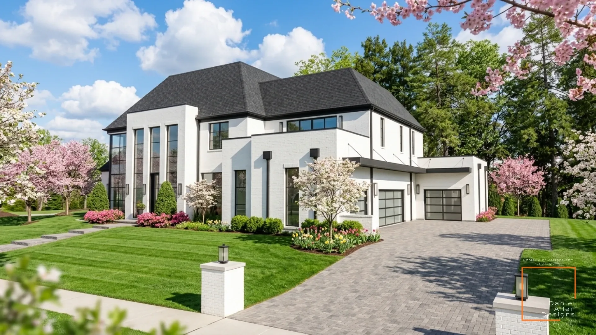 Daniel Allen Designs modern transitional custom home in Buckhead, Georgia — side-load garage with paved brick driveway and painted brick facade