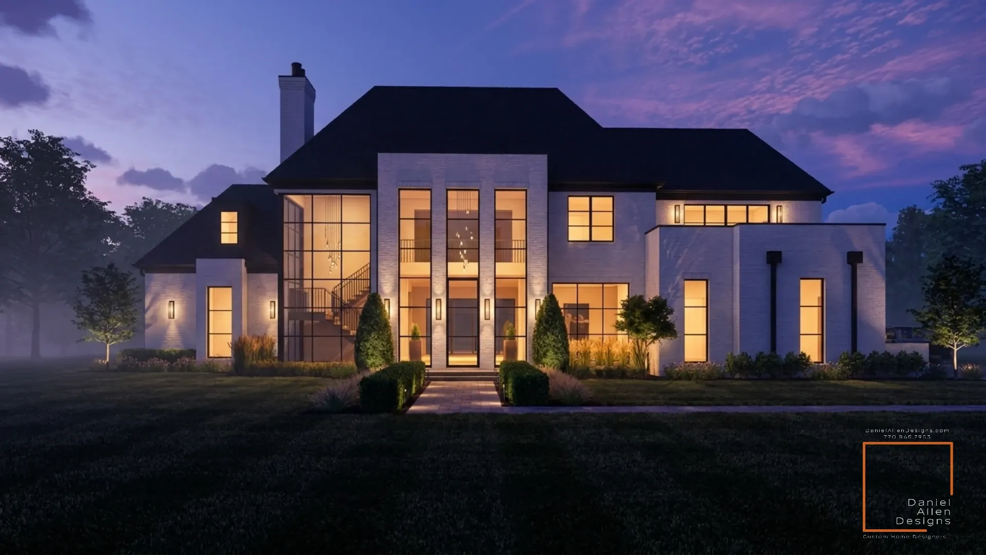 Daniel Allen Designs modern transitional custom home in Buckhead, Georgia — gabled roofline with white painted brick and dramatic twilight uplighting