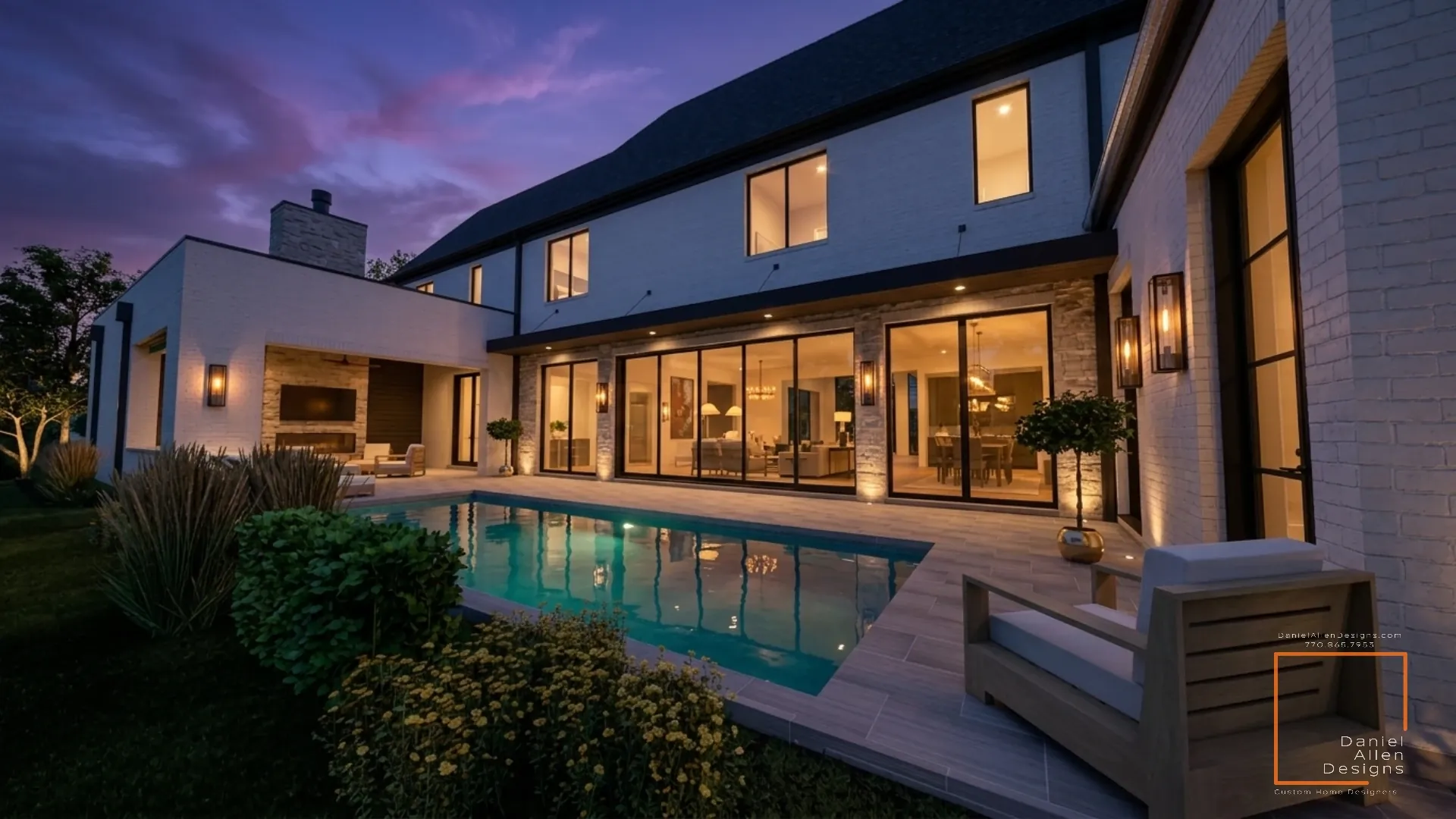 Daniel Allen Designs modern transitional courtyard pool in Buckhead, Georgia — rectangular pool with covered lounge wing, outdoor fireplace, and stone detailing