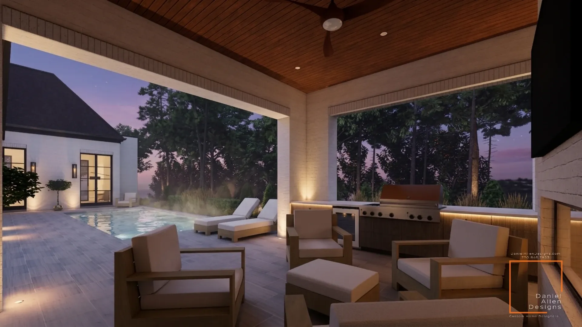 Daniel Allen Designs outdoor loggia in Buckhead, Georgia — built-in kitchen with stainless steel grill and stone fireplace under cedar soffits