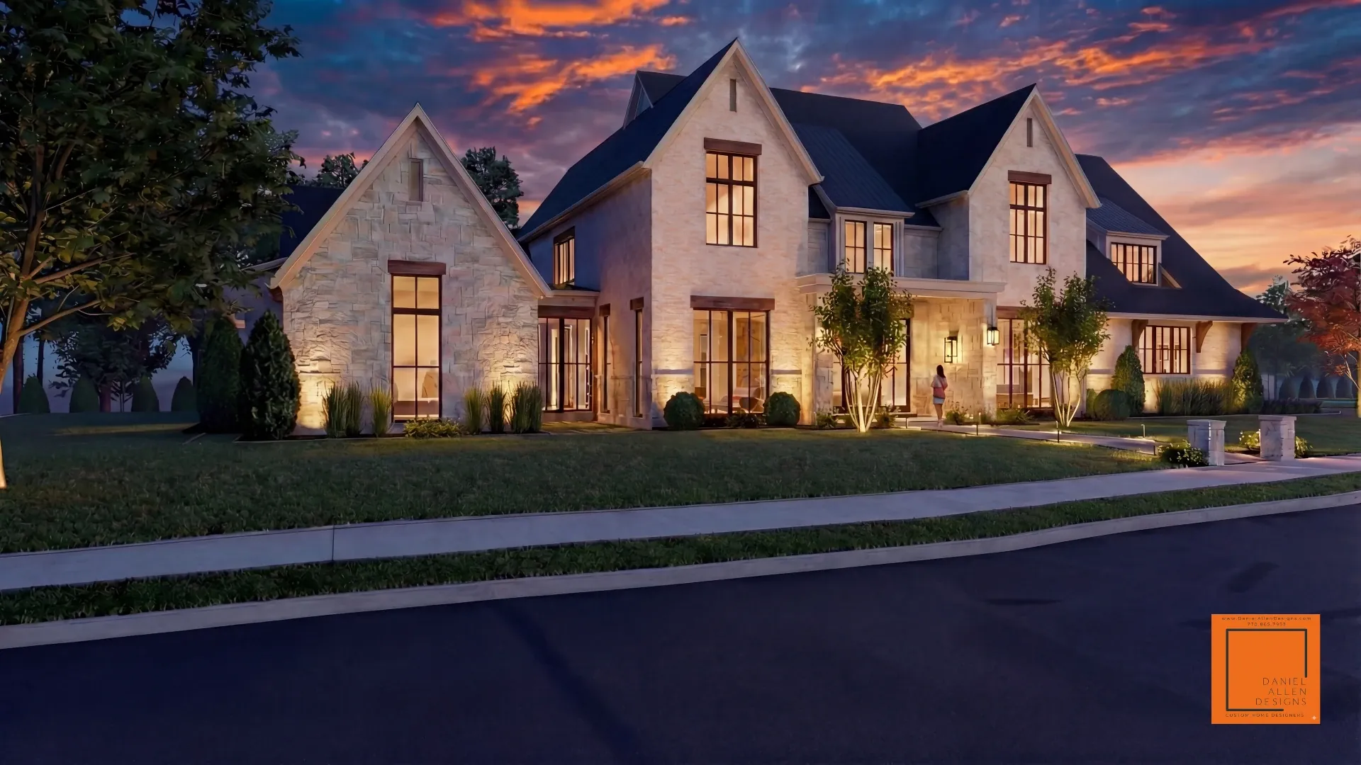 Daniel Allen Designs modern European stone manor in Chastain Park, Georgia — front-left perspective showing natural stone facade and connected garage wing