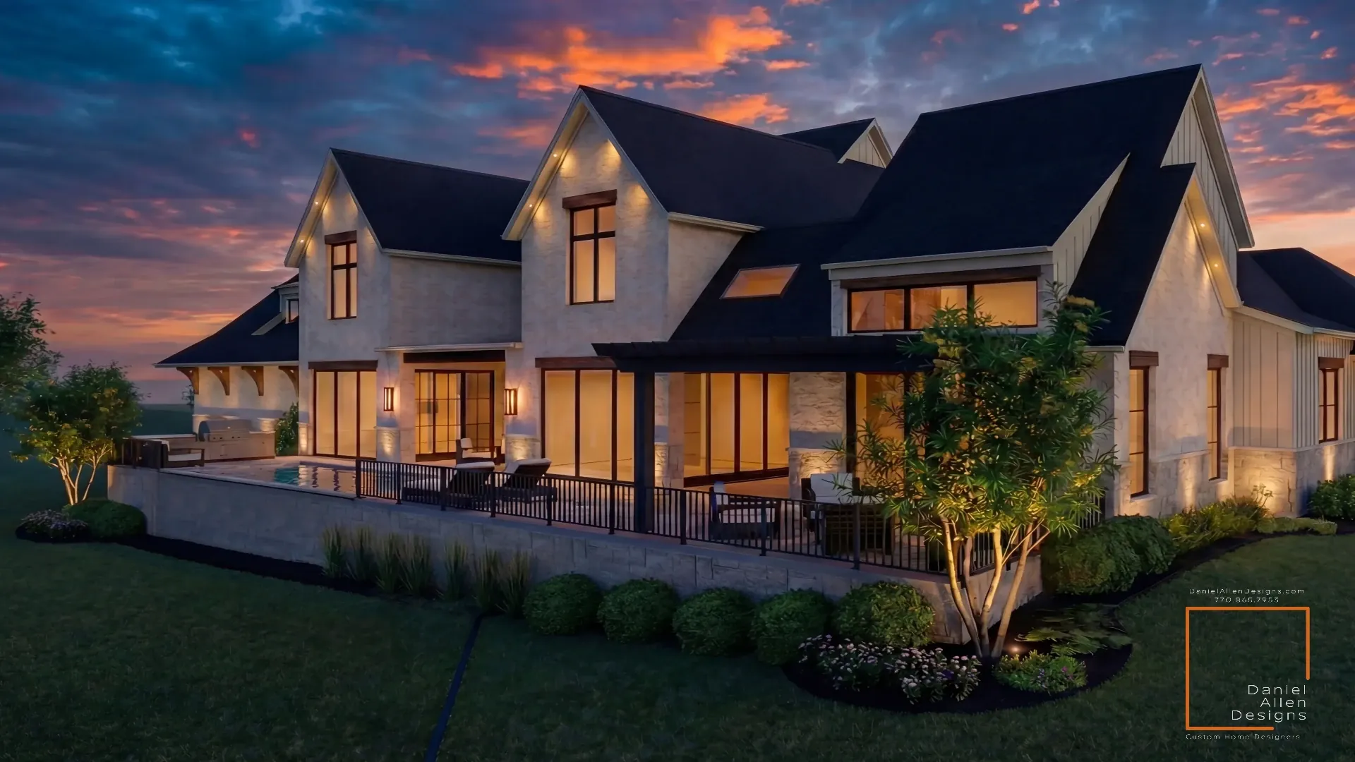 Daniel Allen Designs The Chastain custom home plan in Chastain Park, Georgia — pool deck at twilight with stone retaining walls and covered loggia
