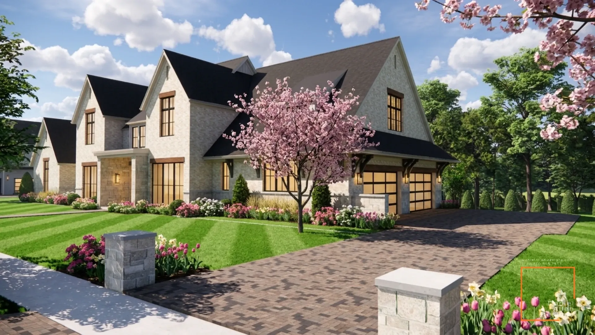 Daniel Allen Designs modern European stone manor in Chastain Park, Georgia — daytime front-right view with brick driveway and 4-car side-load garage