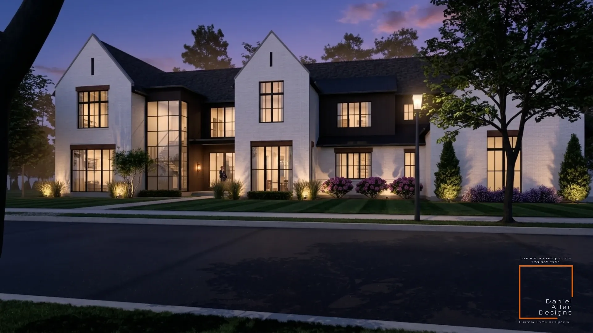Daniel Allen Designs modern farmhouse at twilight in Milton, Georgia — warm interior lighting with board-and-batten facade and landscaped front yard