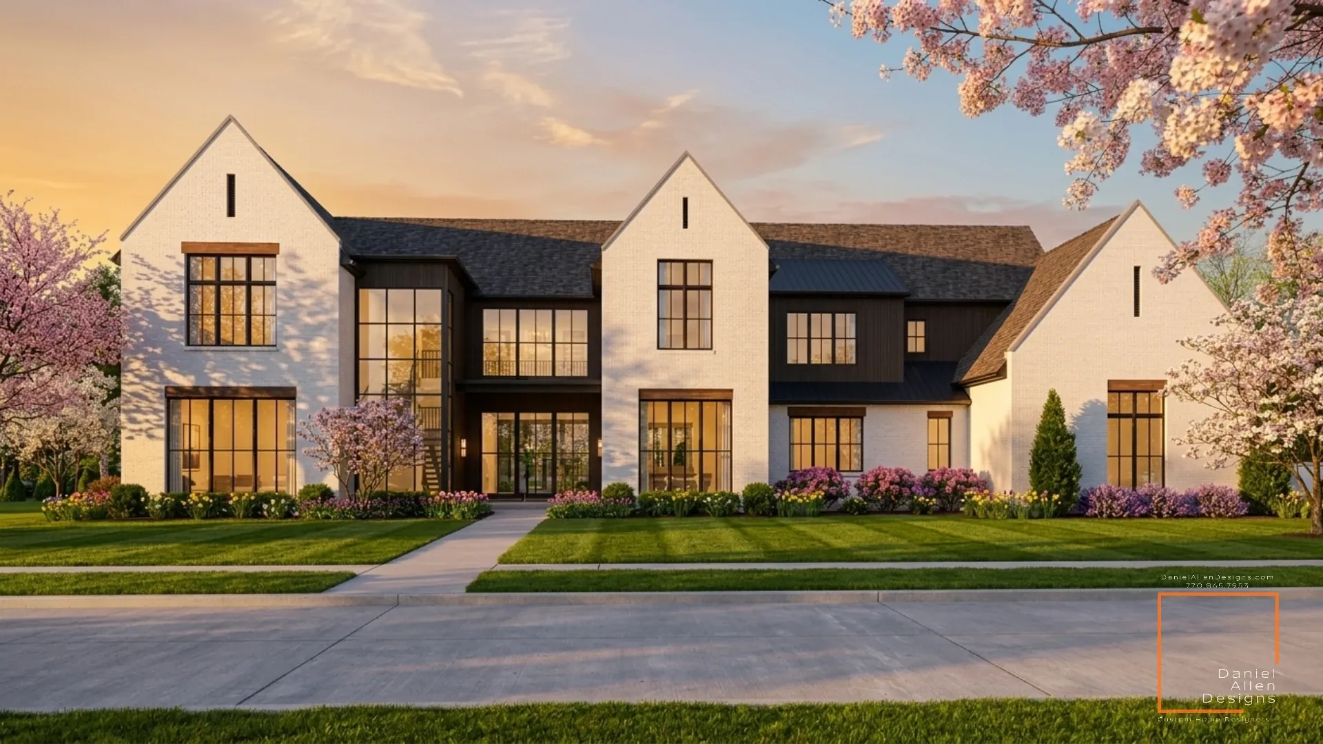 Daniel Allen Designs modern farmhouse in Milton, Georgia — natural stone foundation with standing-seam metal roof accents