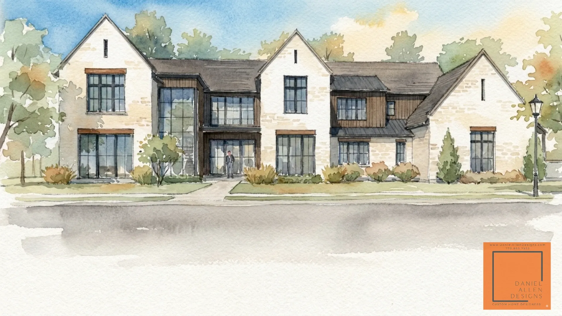 Daniel Allen Designs modern farmhouse rear elevation in Milton, Georgia — open living transition to covered deck and landscaped rear yard